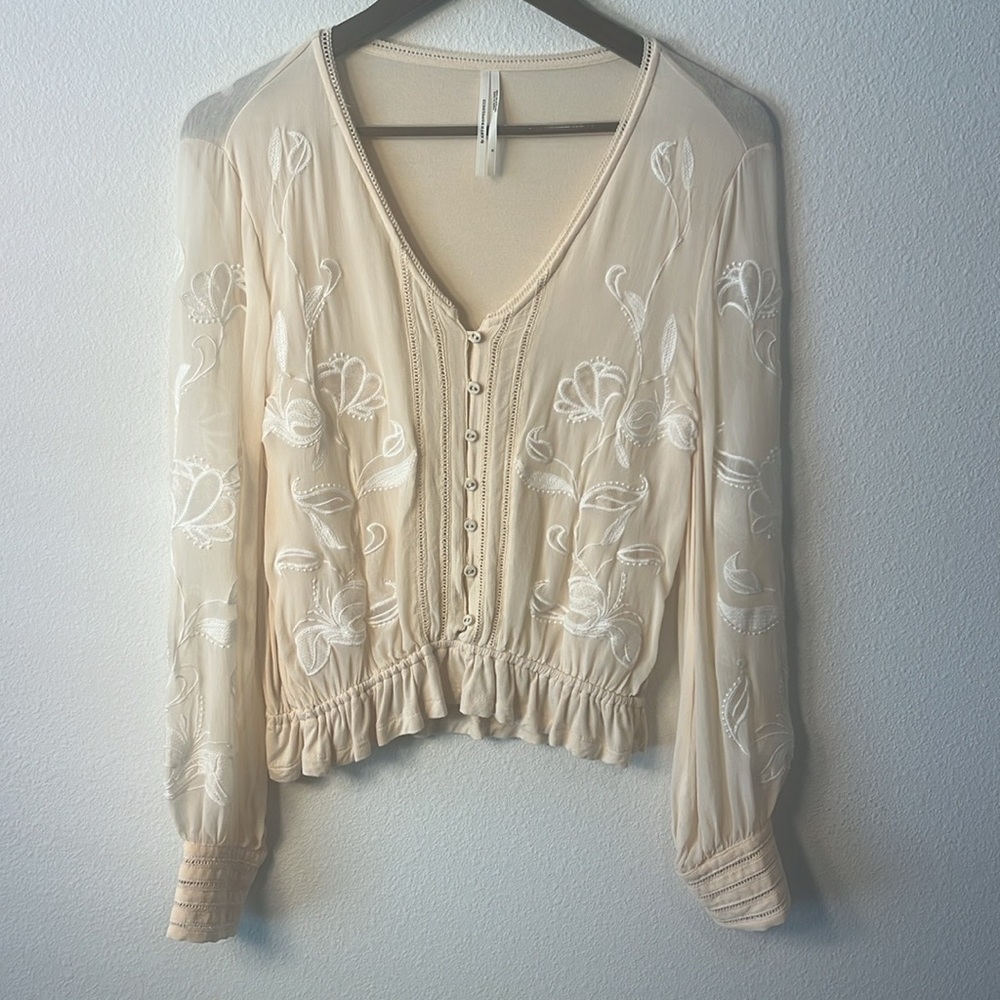 Anthropologie V-Neck Ruched Embroidered Blouse